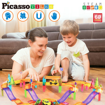 Picassotiles 60Pc Race Car Track Magnetic Tiles Travel Toy Sensory Magnet Tile Toys For Toddlers Stem Educational Learning Presc