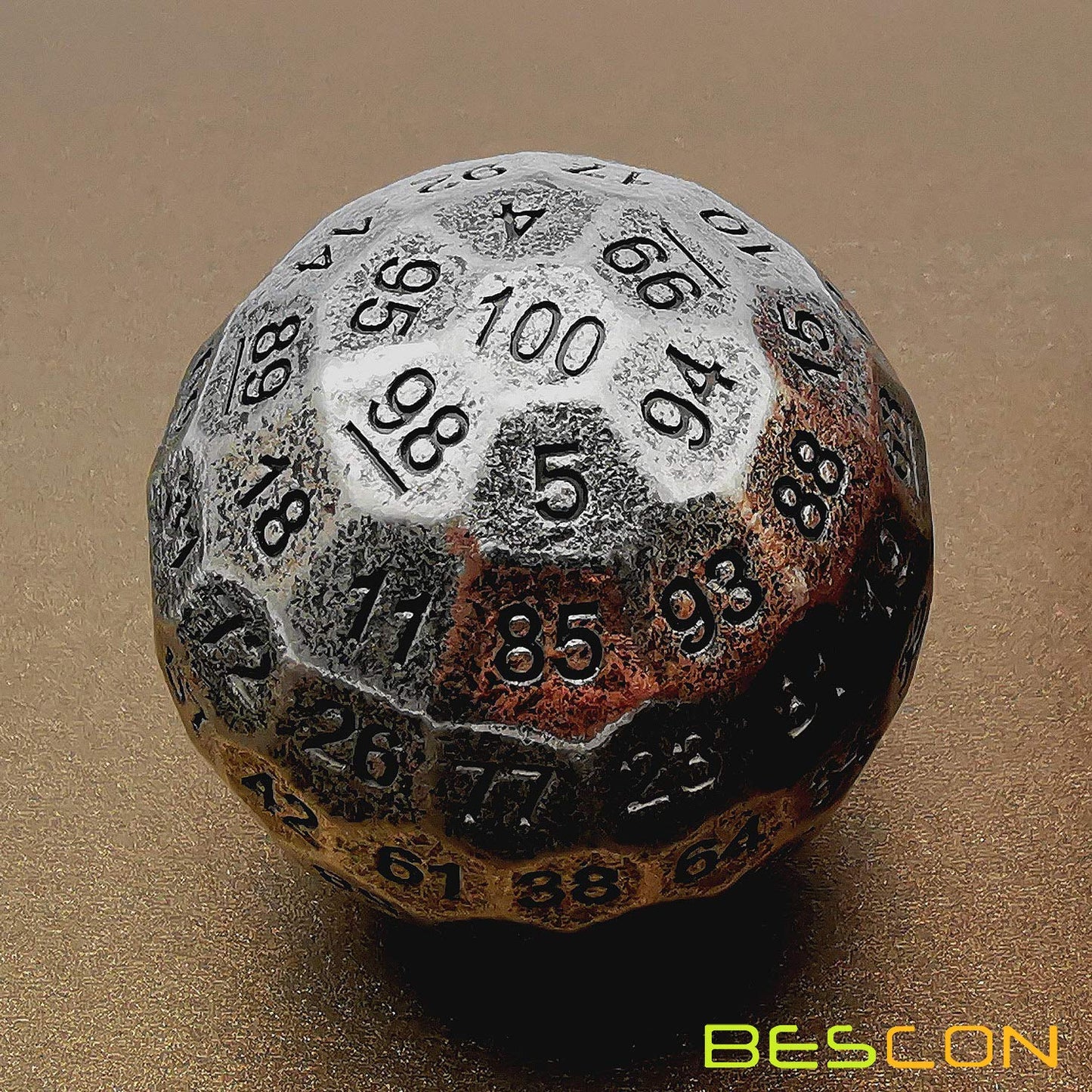 Bescon Solid Metal 100 Sided Dice, Game Dice D100, Giant Polyhedral Metal 100 Sides Dice 50MM in Diameter (1.97in), Ancient Silv