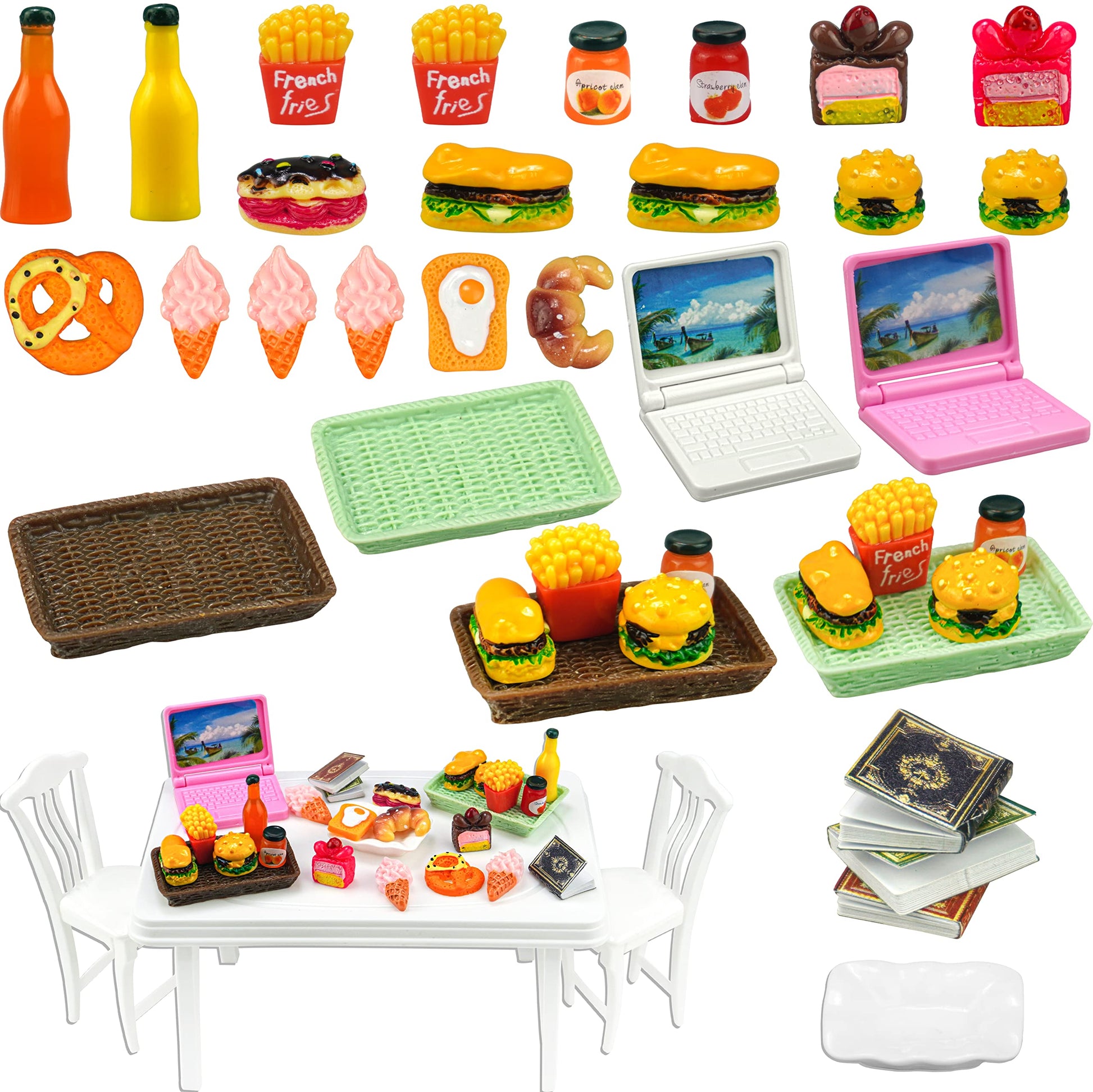 30 Pcs Miniature Food Drinks Laptop Computer Books Toys Dollhouse Miniature Furniture Plastic Table Fits Accessories Scale Dollh