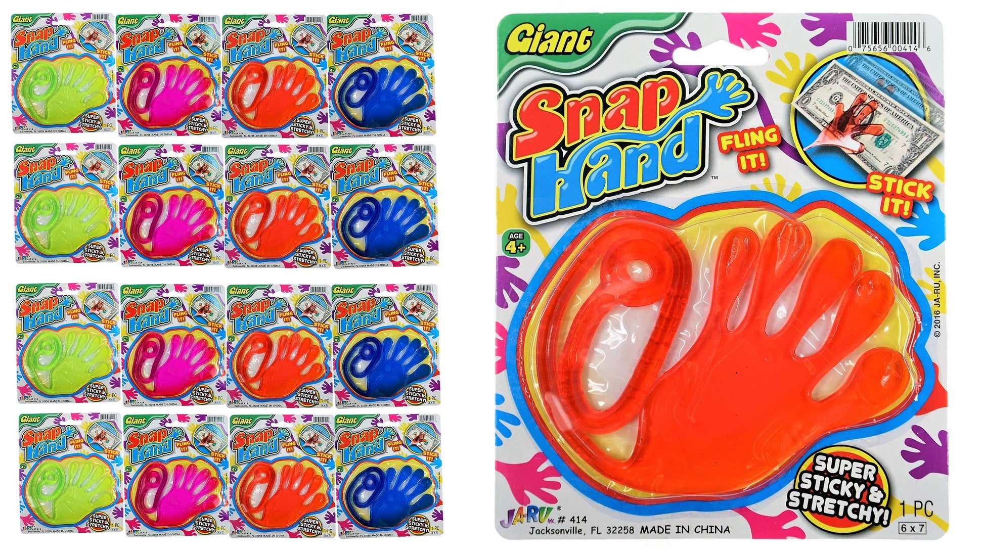 Ja-Ru Snap Hand-Jumbo Sticky Hands Toy (12 Packs Assorted). Large Stretchy Sticky Hands Toy For Kids. Party Favors, Classroom Prizes, Birthday Gifts Easter Day Goodie Bags Stuffers Bulk 414-12S