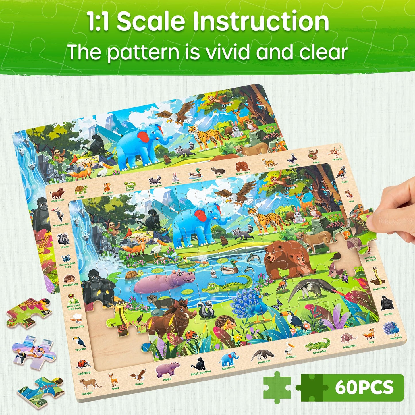 SYNARRY Wooden Puzzles for Kids Ages 4-6  4 x 60 Piece Match & Find Puzzles for Kids Ages 3-5 Boys Girls  Educational Toys Gifts for 4-8 yo for Learning Jungle Savannah Polar Animals & City Life