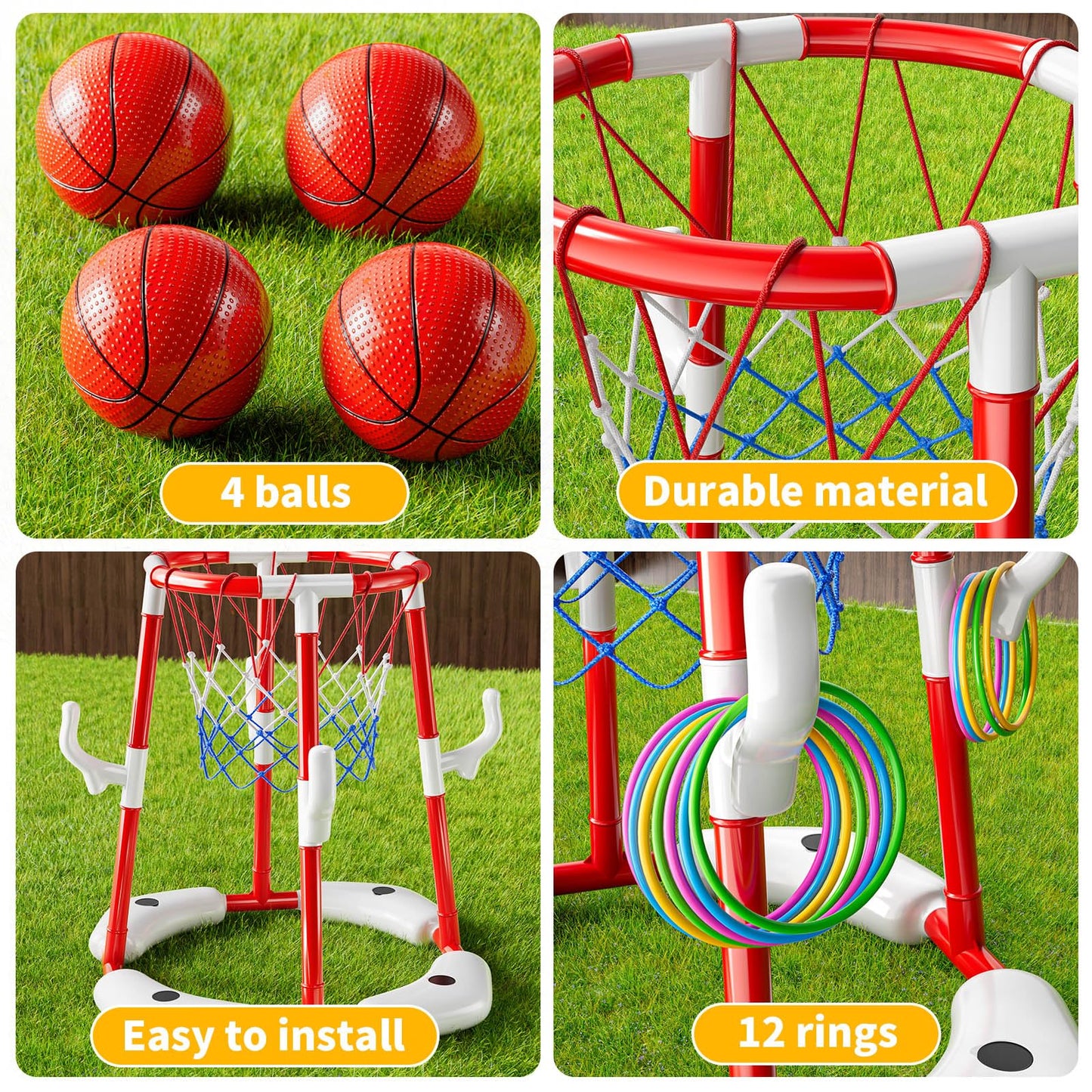 Niplooow Pool Basketball Hoop, 2-In-1 Floating Pool Toys Ring Game With 4 Balls And Pump, Outdoor Swimming Pool Basketball Games