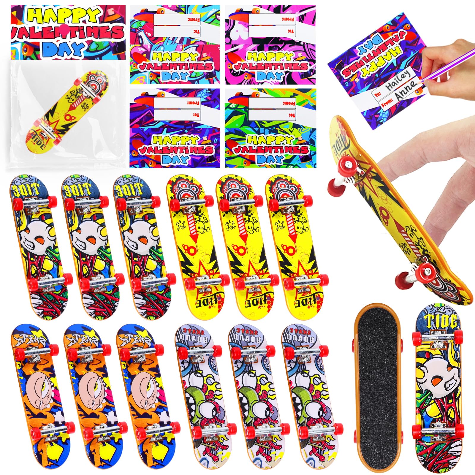 28 Pack Prefilled Valentines Cards For Kids Finger Skateboards Classroom Exchange Gifts For Student, Valentines Finger Sports Fo