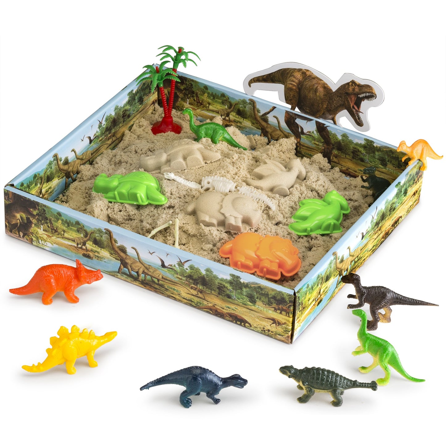 CoolSand Dino Discovery 3D Sandbox for Kids with 1 Pound Moldable Indoor Artificial Play Sand, Shaping Molds, Dinosaur Figures, 
