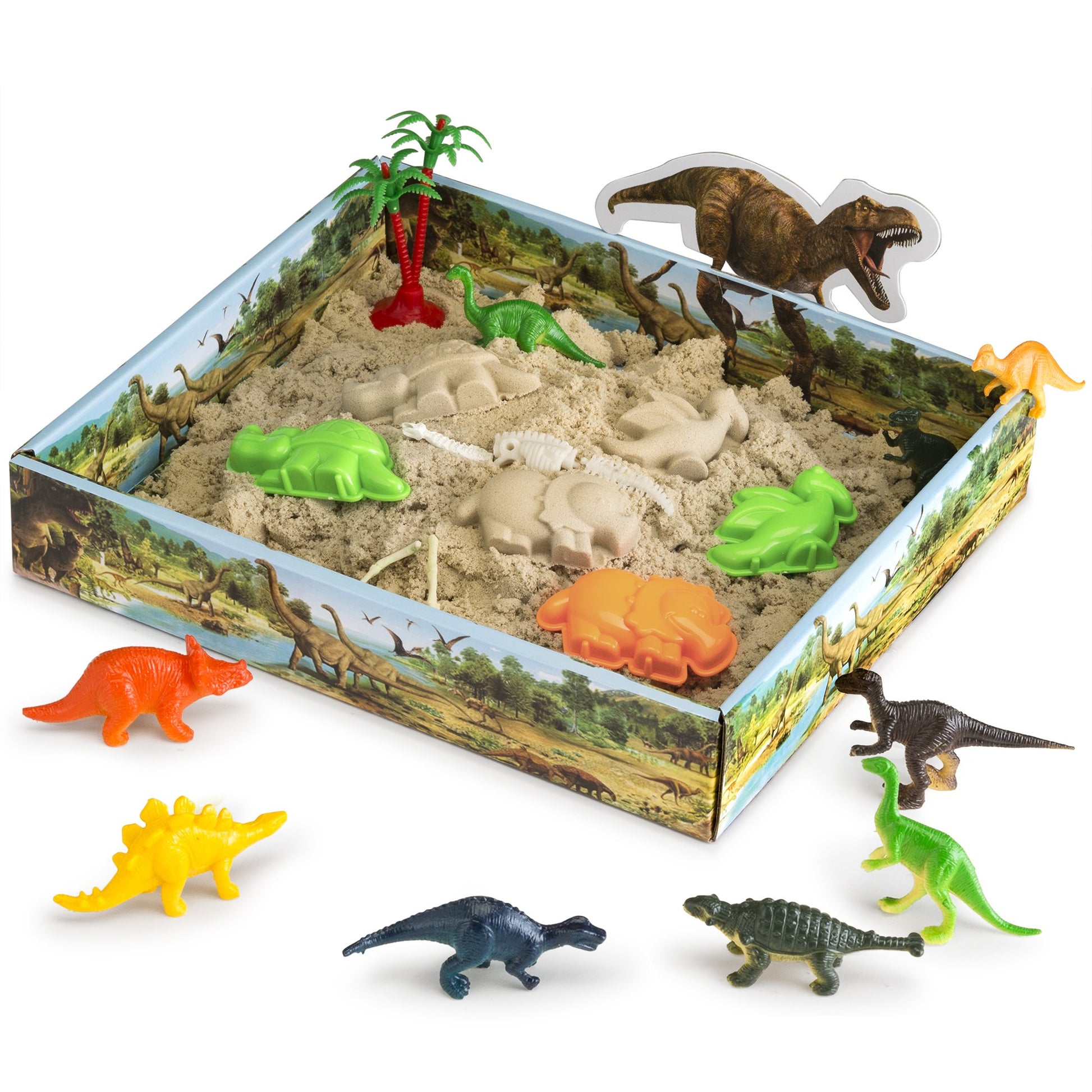 CoolSand Dino Discovery 3D Sandbox for Kids with 1 Pound Moldable Indoor Artificial Play Sand, Shaping Molds, Dinosaur Figures, 