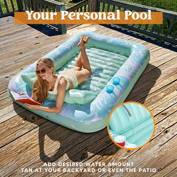 Sloosh Inflatable Tanning Pool Lounger Float,85' X 57' Extra Large Pool Floats Adult With Pillow,4 In 1 Suntan Tub Raft Floatie,Sunbathing Bed Lounge Blow Up Ball Pit Party Gifts,Xl-Cyan White