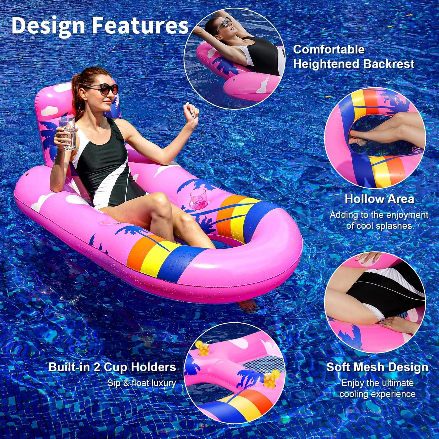 SEETOHOME 2 Pack Pool Floats mature-themed Heavy Duty-mature-themed Pool Float Lounger with Cup Holders  Backrest & Footrest Pool Lounge Float Pool Floaties Rafts for Beach Lake Party(Light Blue-Pink)