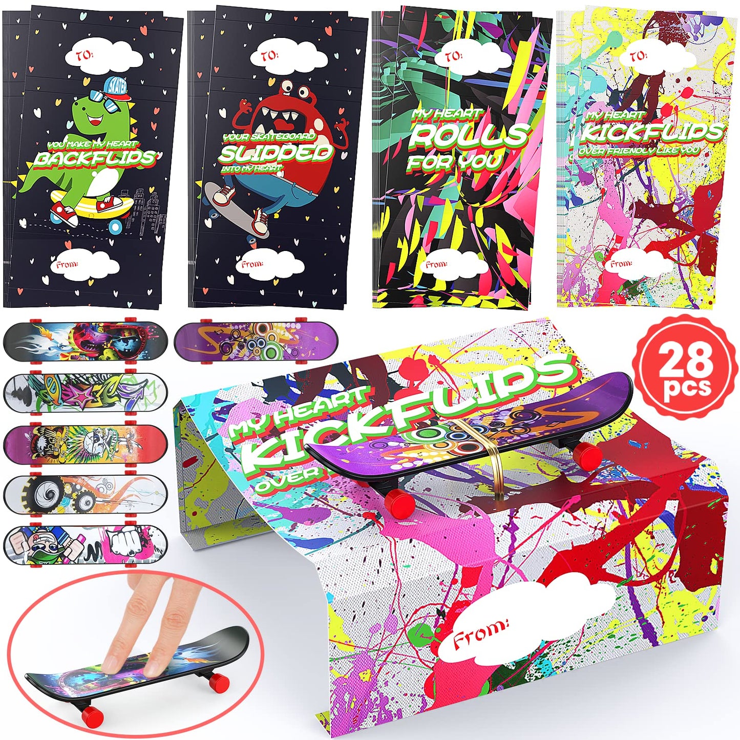 28 Pack Valentines Day Gifts For Kids - Mini Finger Skateboard With Valentine'S Day Greeting Cards For Kids, Fingerboard Skate L