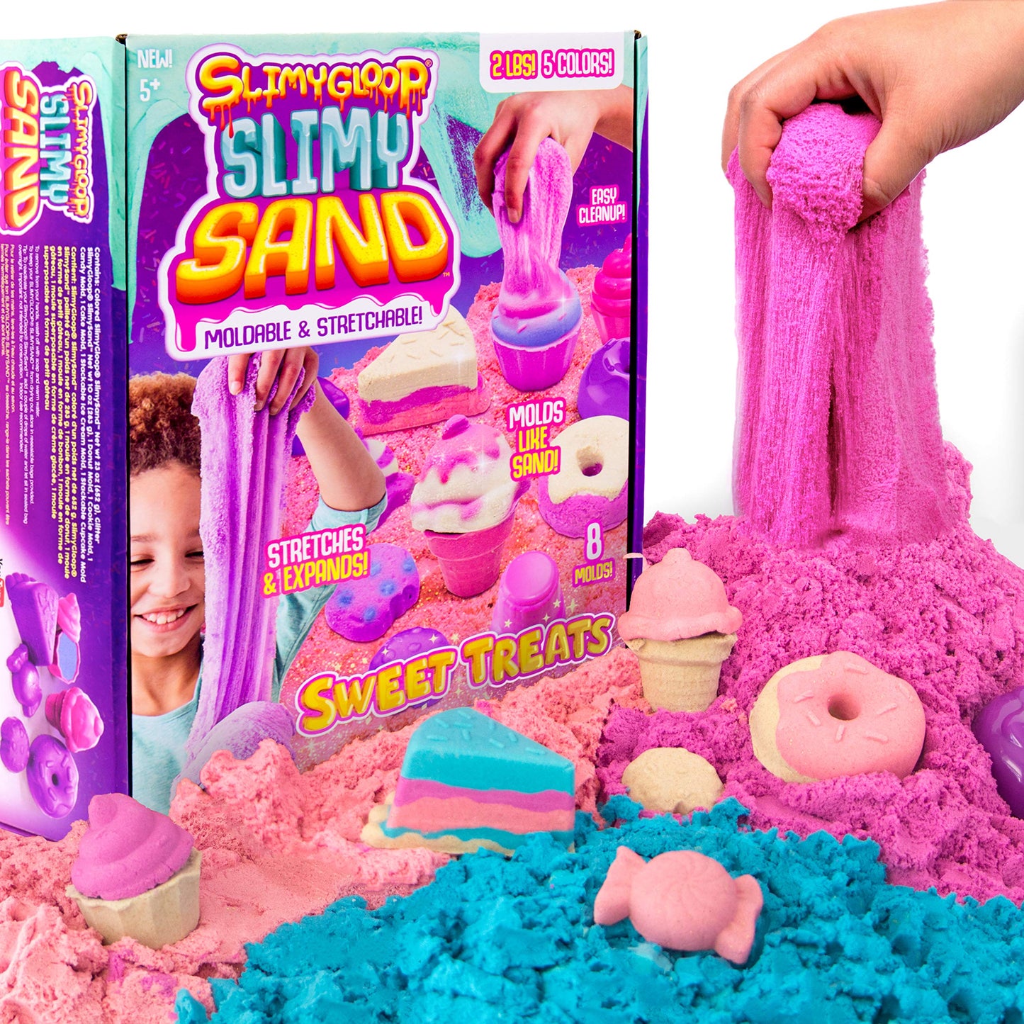 Slimysand Sweet Treats, 2 Pounds Of Slimysand In 5 Colors (Pink Glitter, White Glitter, And Pink, Blue And Purple), 6 3D Molds & Reusable Box For Play. Super Stretchy & Moldable Cloud Slime!