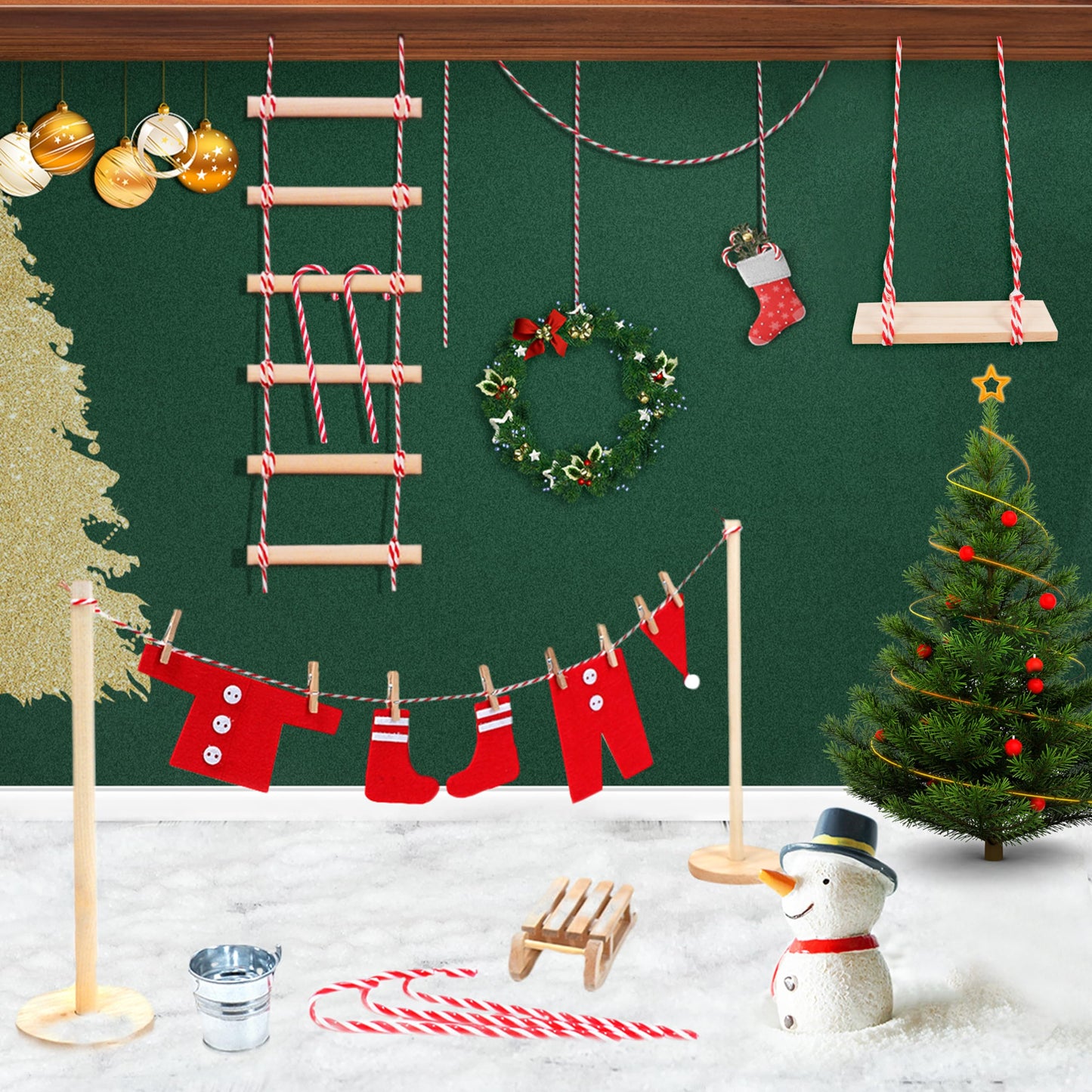 BEIREG 42pcs Christmas Elf Clothes Accessories Set - Red & Green, Polyester, Includes Clothes, Balloons, Ladder, Swing, Mini Props