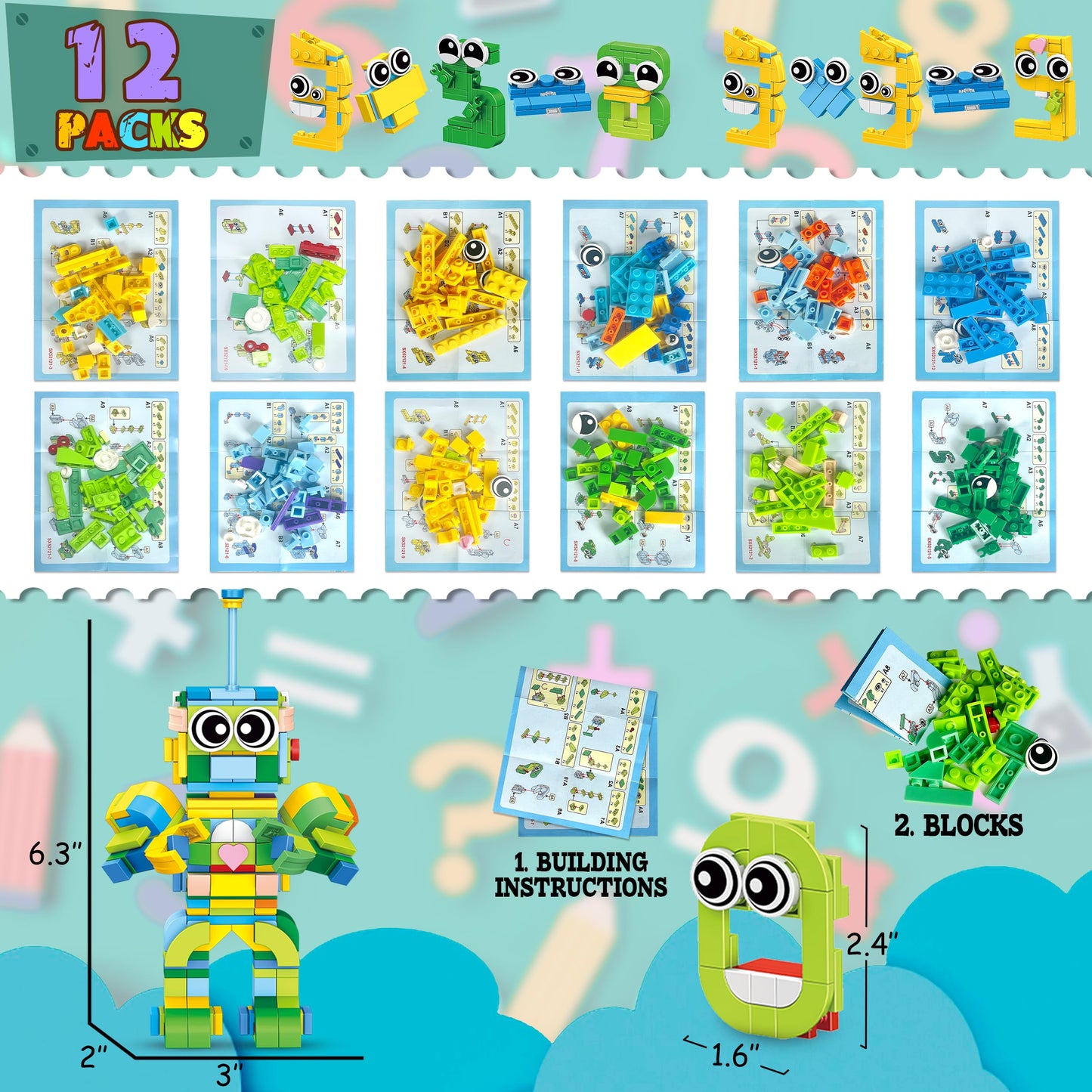 LINAYE 12 Pack Building Blocks Set - Number Learning Toys 355 PCS 12 in 1 Number Robots STEM Toys for Kids, Easter Stuffers Fill