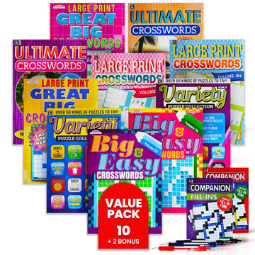 10-Pack Large Print Crossword Puzzles For Seniors Plus 2 Fill-In Puzzle Books And 4 Pens - Big, Bold, Easy-To-Read, Perfect Brai