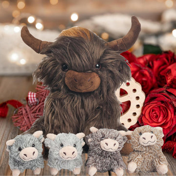 Youthfuljive 5 Pcs Highland Cow Stuffed Animals With Babies Set, 14'' Mommy Scottish Highland Cow Plush Toy With 4 Cute Babies S