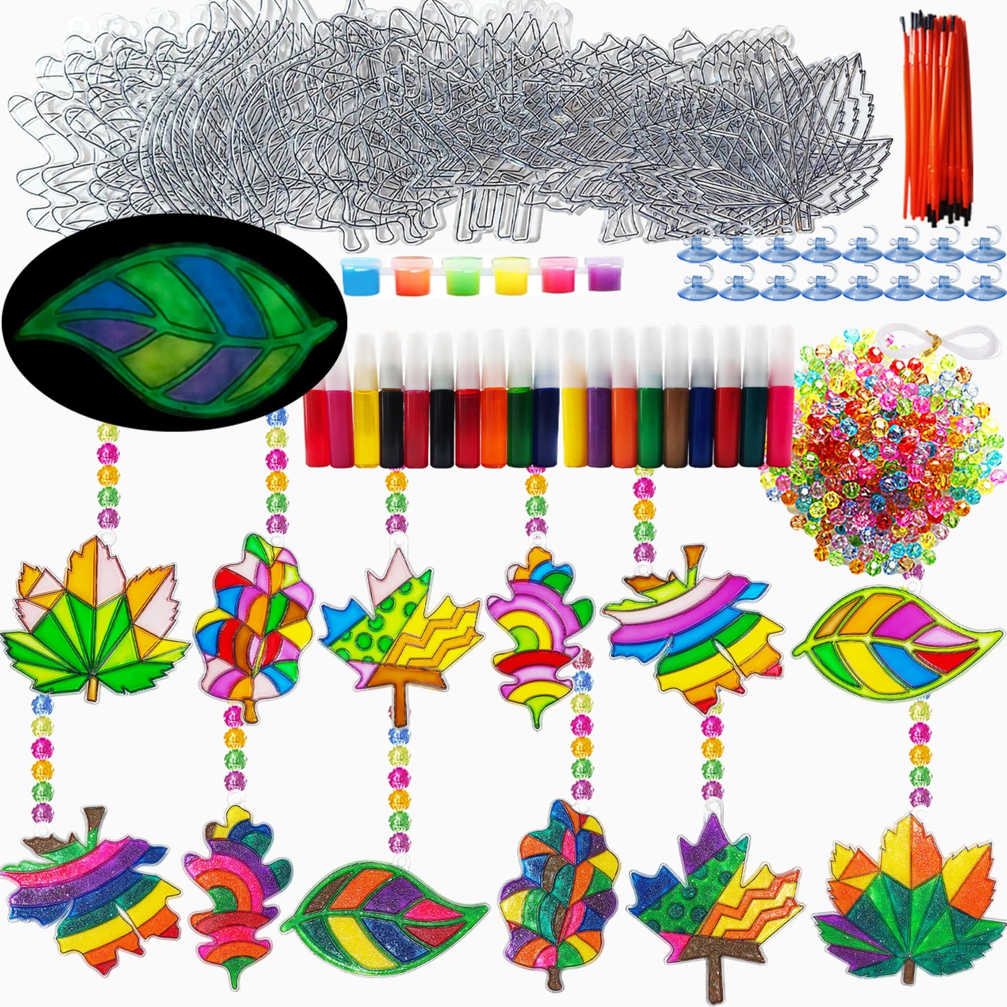 Ayhuhra 30 Sets Fall Maple Leaf Suncatcher Crafts Kits DIY Glow in The Dark Window Art Paint Kit Fall Leave Sun Catchers for Cla