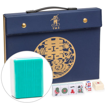 Yellow Mountain Imports Celestial Opal Mahjong Set - 146 Tiles, Large, Melamine, Blue Vinyl Case, For Chinese Style Gameplay