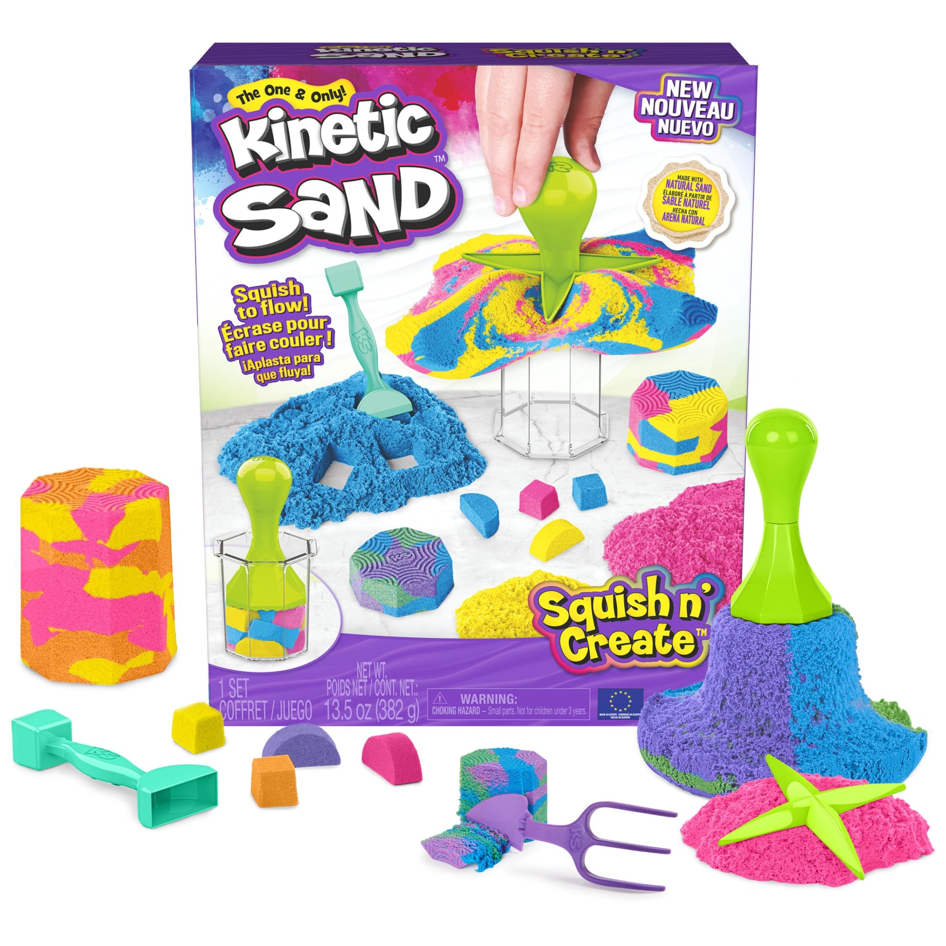 Kinetic Sand, Squish N Create Playset with 13.5oz Blue, Yellow & Pink Play Sand, 5 Tools, Sensory Toys for Kids Ages 3 and up