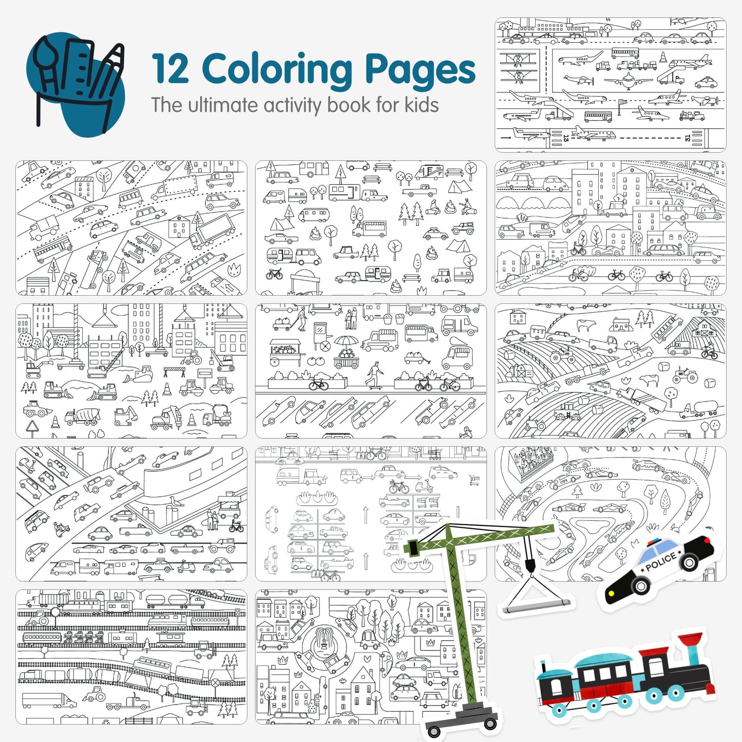 CUPKIN Sticker Book for Kids, 500+ Stickers, 12 Coloring Pages, Things With Wheels, Model CKSB-TWW, Ages 4-8, Toddler Travel Activity