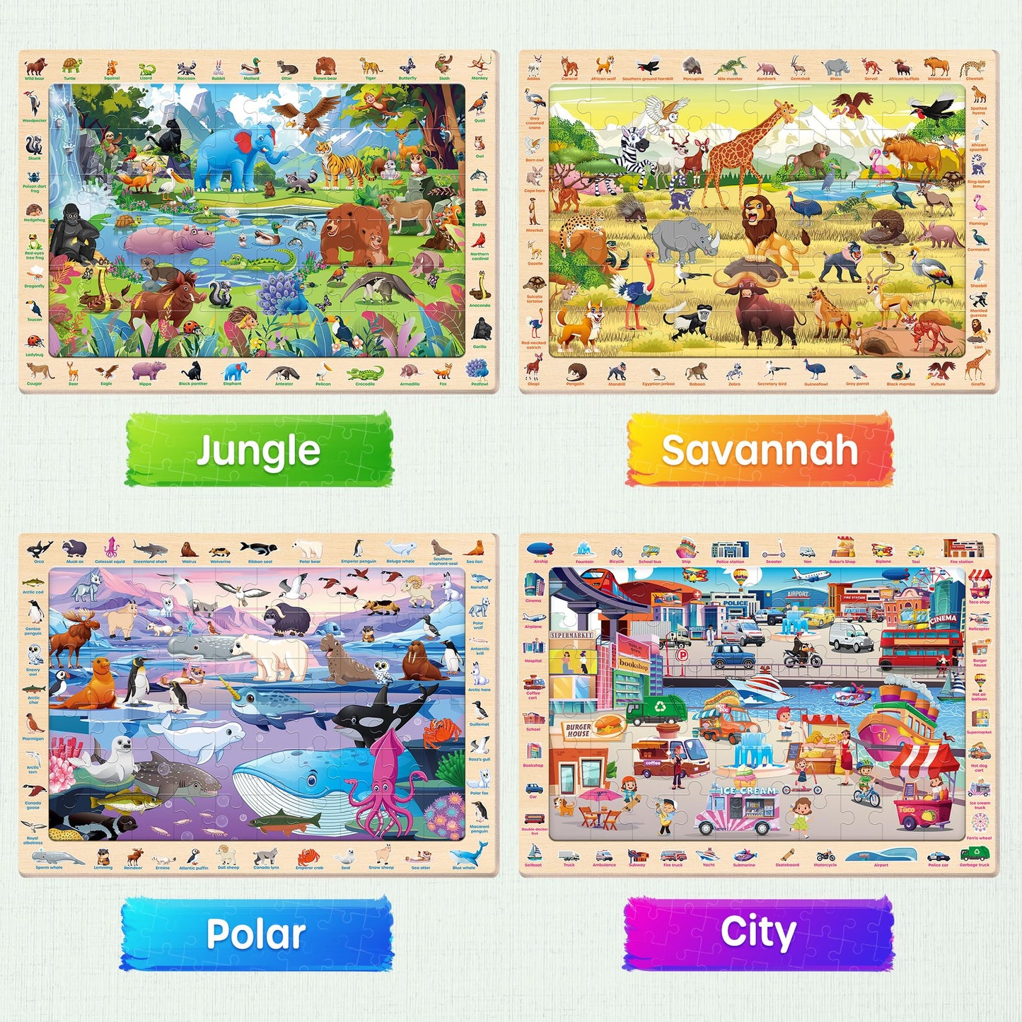 SYNARRY Wooden Puzzles for Kids Ages 4-6  4 x 60 Piece Match & Find Puzzles for Kids Ages 3-5 Boys Girls  Educational Toys Gifts for 4-8 yo for Learning Jungle Savannah Polar Animals & City Life
