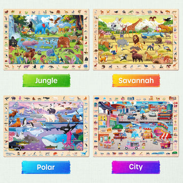 SYNARRY Wooden Puzzles for Kids Ages 4-6  4 x 60 Piece Match & Find Puzzles for Kids Ages 3-5 Boys Girls  Educational Toys Gifts for 4-8 yo for Learning Jungle Savannah Polar Animals & City Life