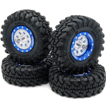 HOBBYSOUL Adjustable Offset RC 1.0 Wheels and Tires, 1/24 Tires & Heavy 1.0 Beadlock Wheels Blue Silver for 1:24 RC Crawler Axia