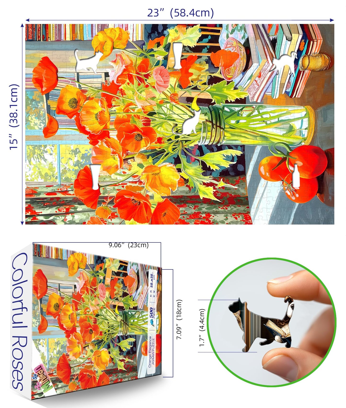 500 Piece Jigsaw Puzzle for mature-themeds Orange Floral Art enhanced 15 x23  Beautiful Flowers Large Piece Puzzle with Books Tomatoes Still Life Challenging Gift for Women  Men  Puzzle Lovers