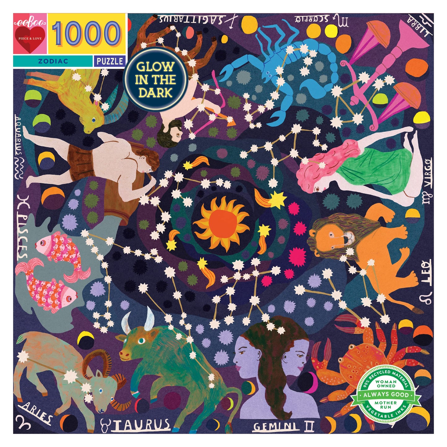 eeBoo 1000-Piece Glow in The Dark Zodiac Constellation Jigsaw Puzzle, Multi-Color Cardboard for Adults and Families, Model PZTZOD