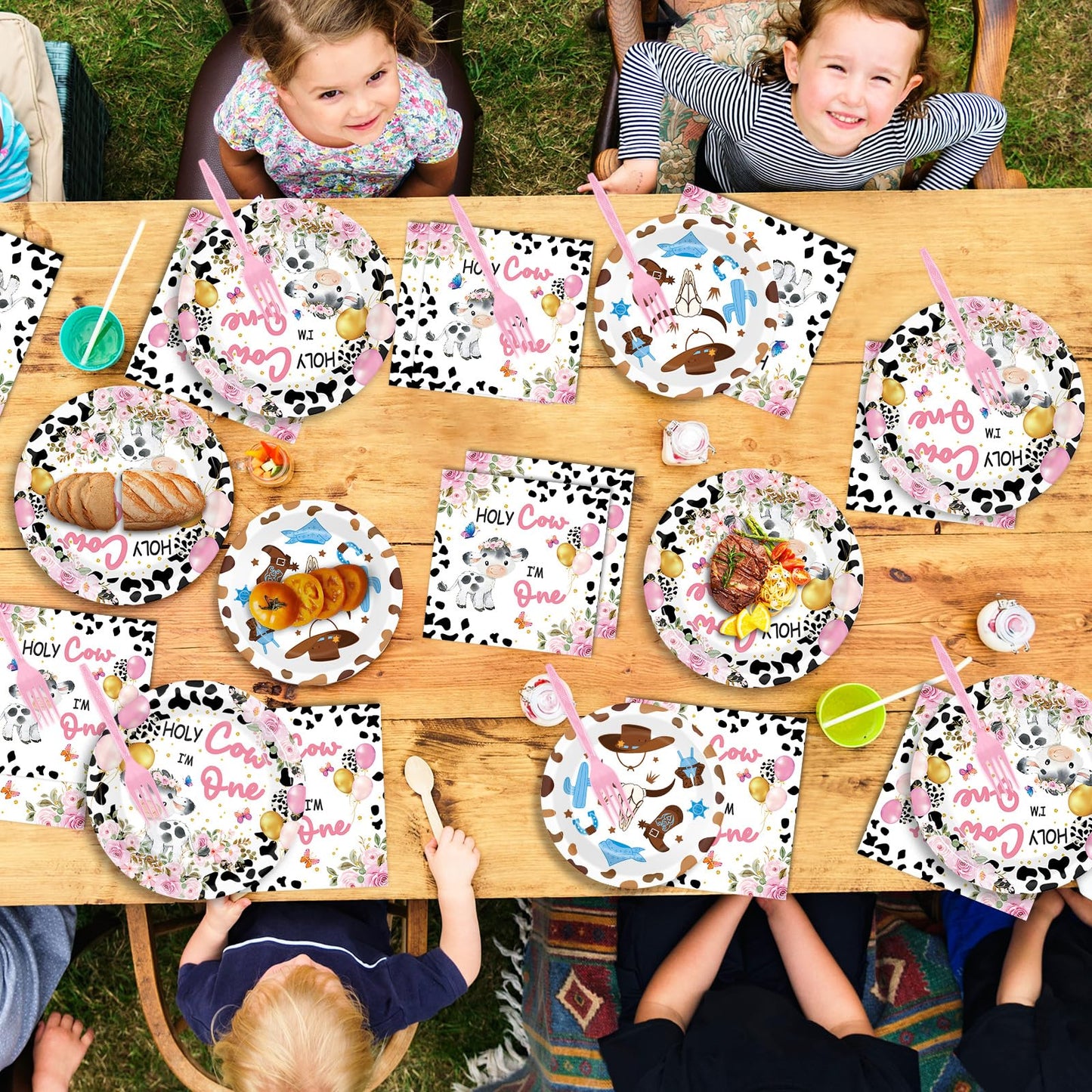 Gisgfim 96Pcs Holy Cow I'M One Party Supplies Pink Cow Print Paper Plates Napkins Cow First Party Tableware Set Cow Floral Dinne