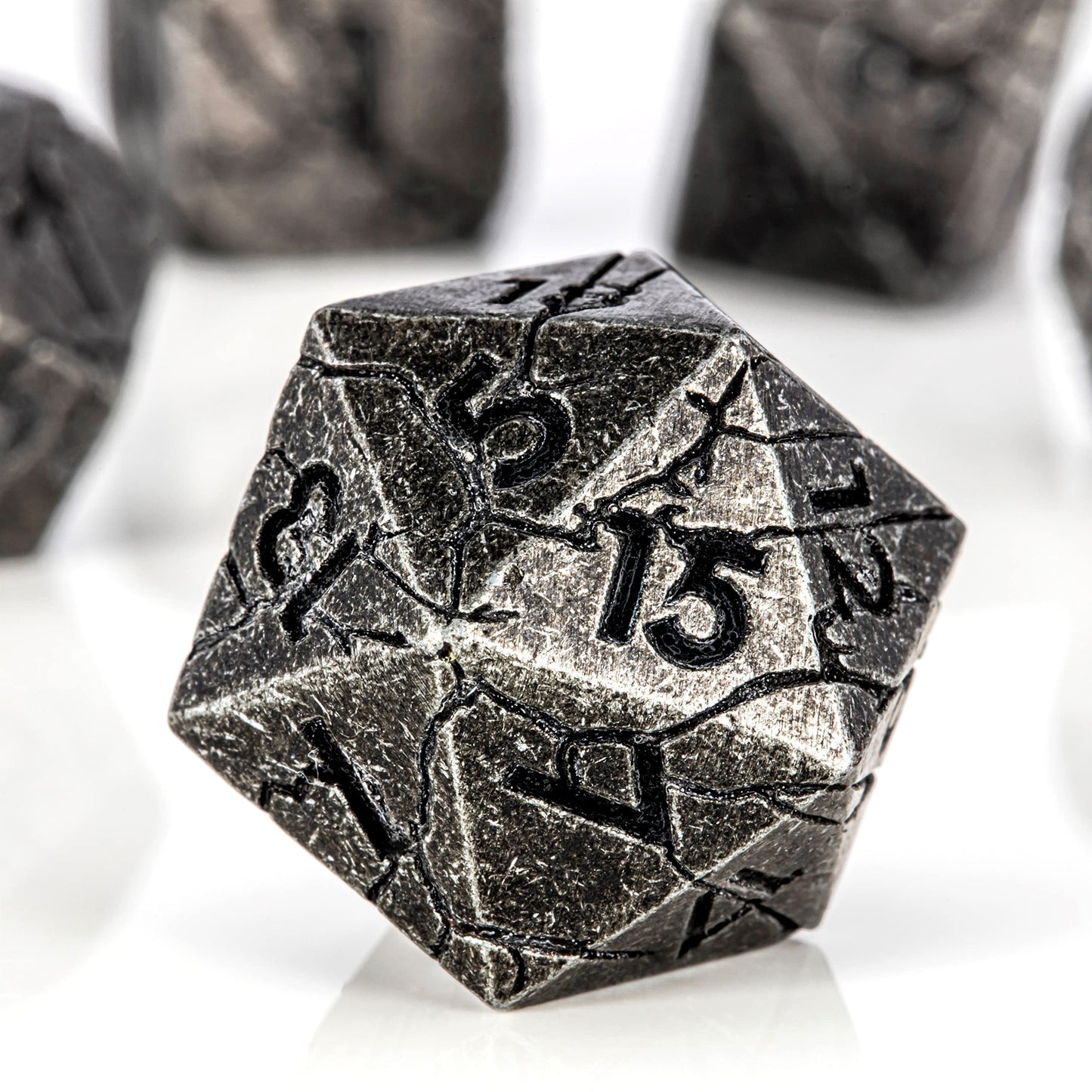 Dnd Metal Dice - Cracked Distressed Gray Metal Dice - Polyhedral Dice Set For Rpg D&D Mtg Pathfinder And More - Beautifully Deta