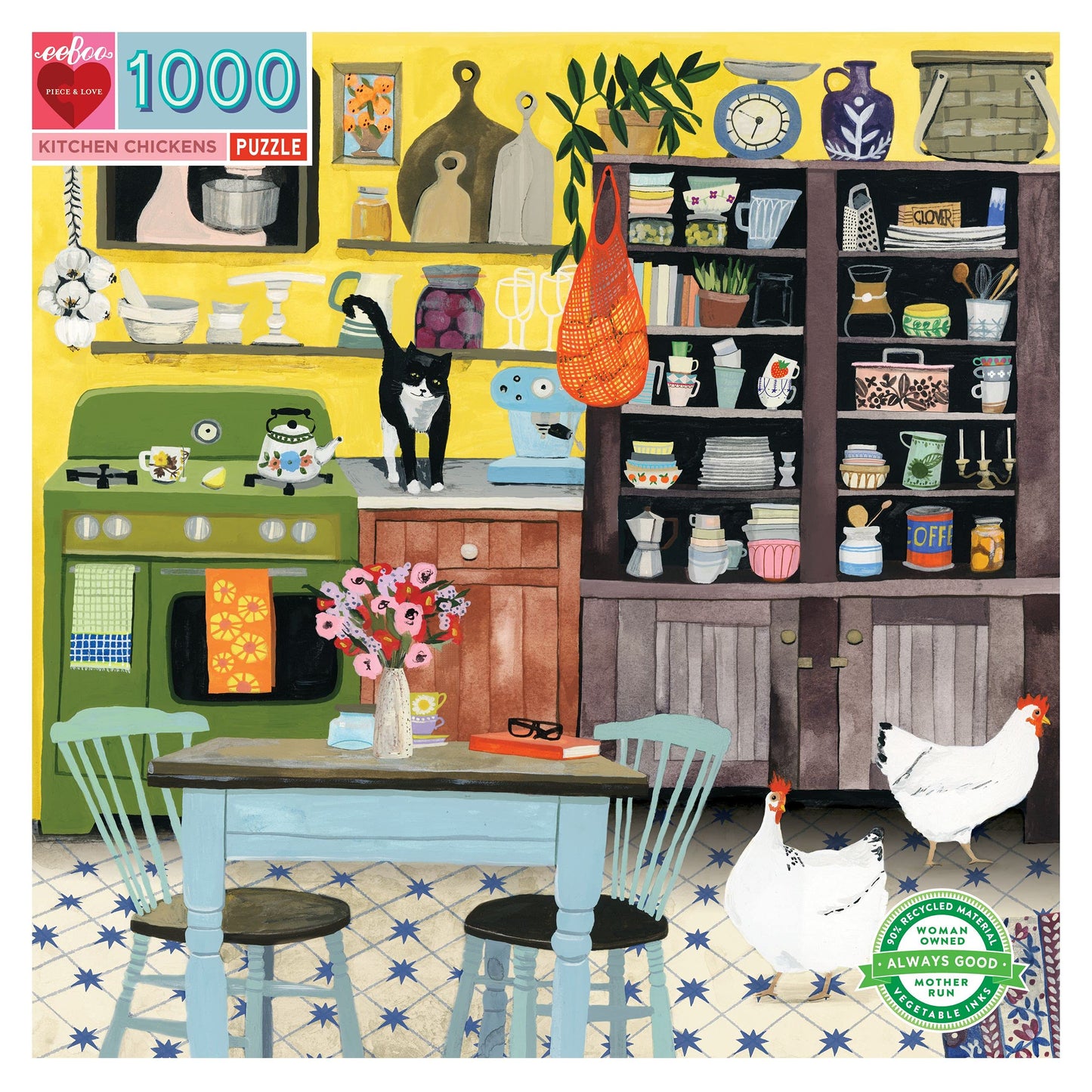 eeBoo 1000 Piece Jigsaw Puzzle - Piece and Love Kitchen Chickens, Glossy Cardboard, Ideal for Adults and Families, Model PZTKHC