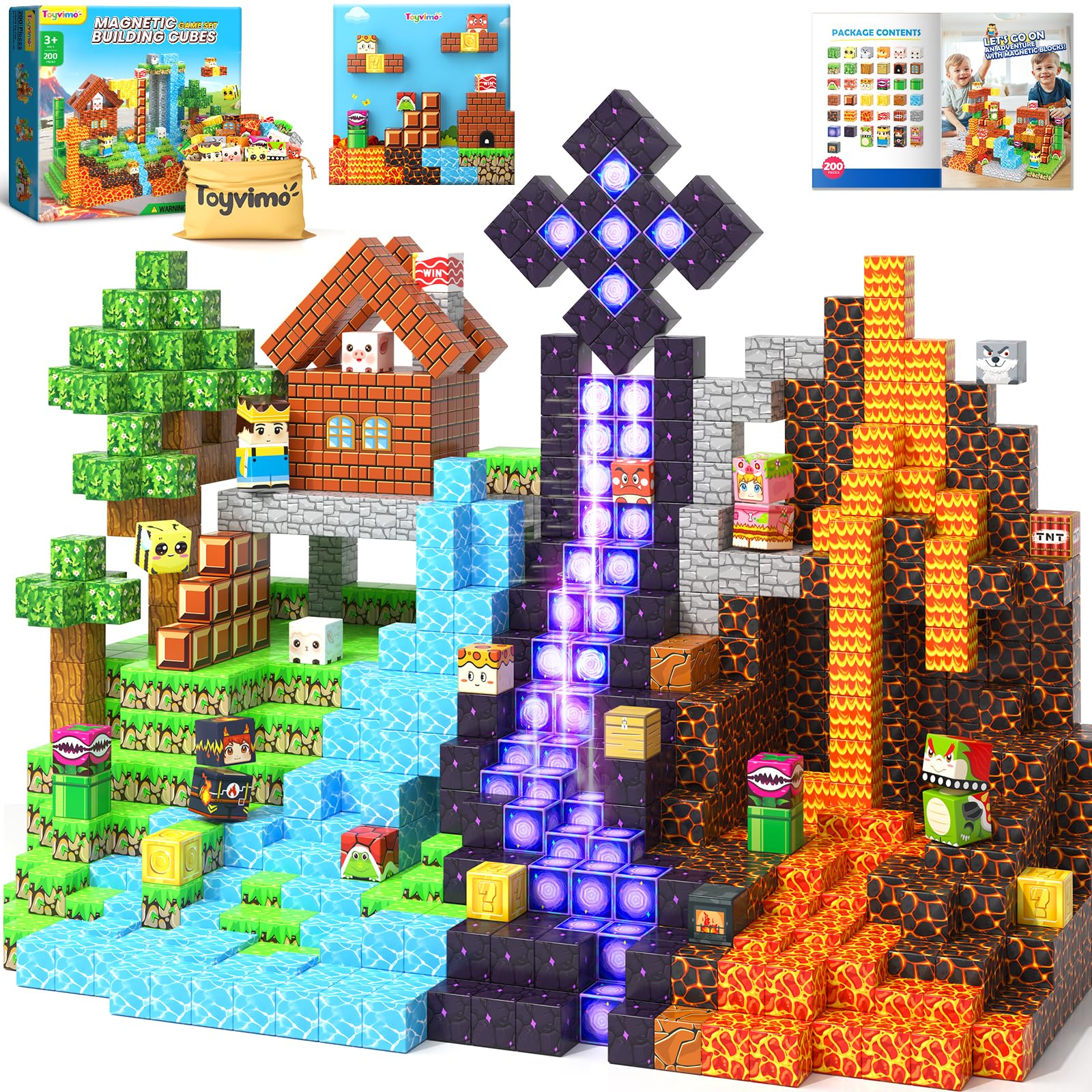200PCS Magnetic Blocks Toys for Kids Ages 3-5 6-8 8-12 with Magnetic Board Sensory Kids Toys Stacking Blocks  Build Mine Magnet World-3 4 5 6 7 8 9 10 Year Old Boy Girls Birthday Gifts