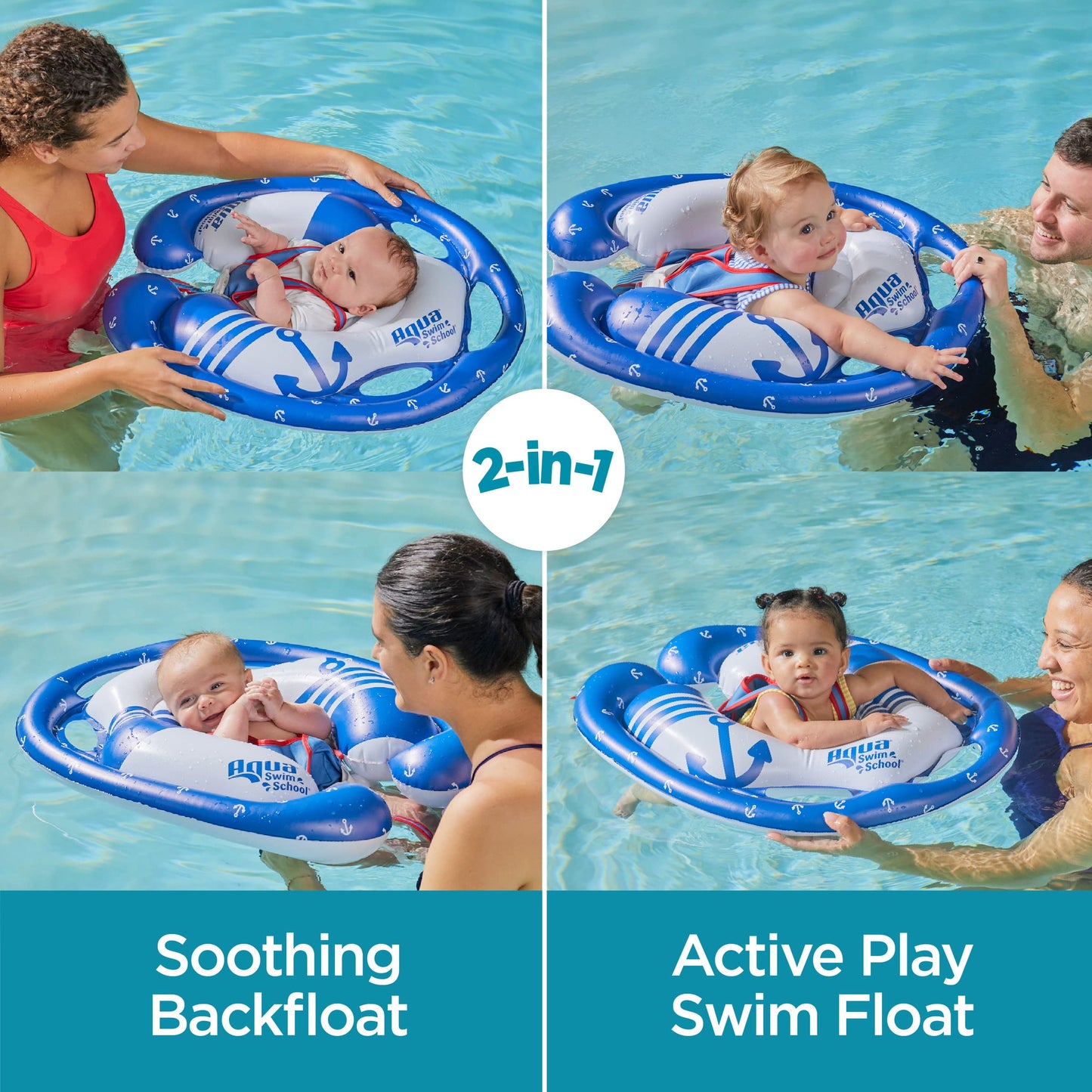 Swimschool Freestyle Swimmer Baby Pool Float With Multi-Position, Adjustable Safety Seat, Dual Air Chambers Safe, Red-White-Blue Nautical