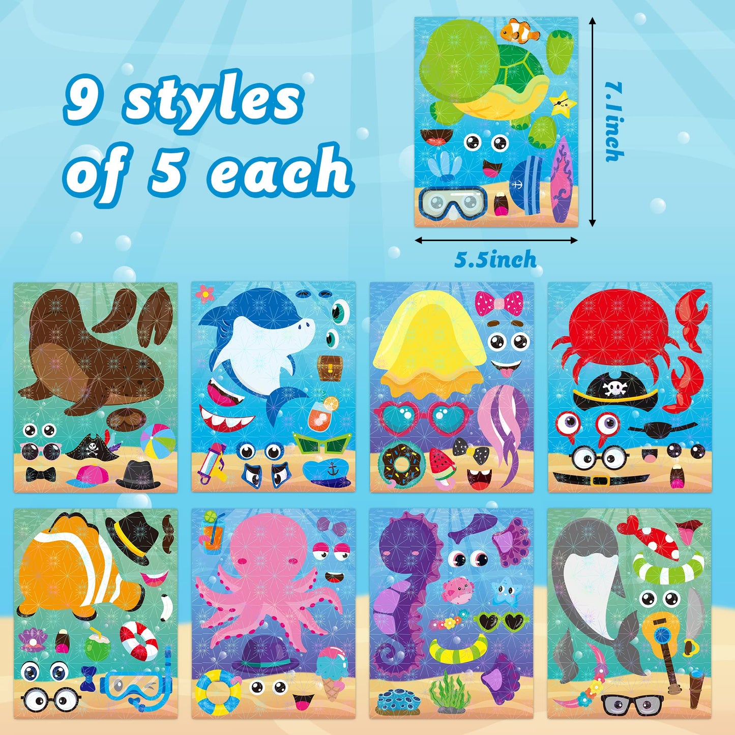 Hubirdsall 45Pcs Sea Make-A-Face Holographic Stickers Ocean Animals Diy Art Craft Rewards For School Kid Teacher Summer Mermaid Party Favor Sticker For Birthday Gift Children Room Ocean Decorated