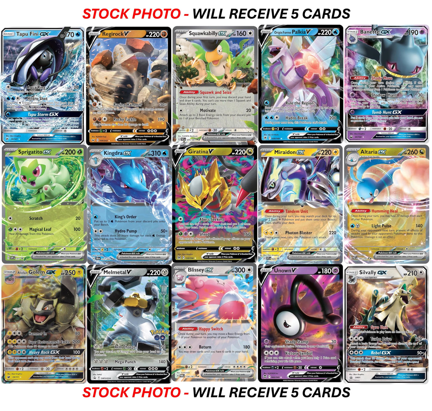 5 Pokemon Ultra Rare Card Lot - V, Gx, Ex, Assorted Variety - No Duplicates