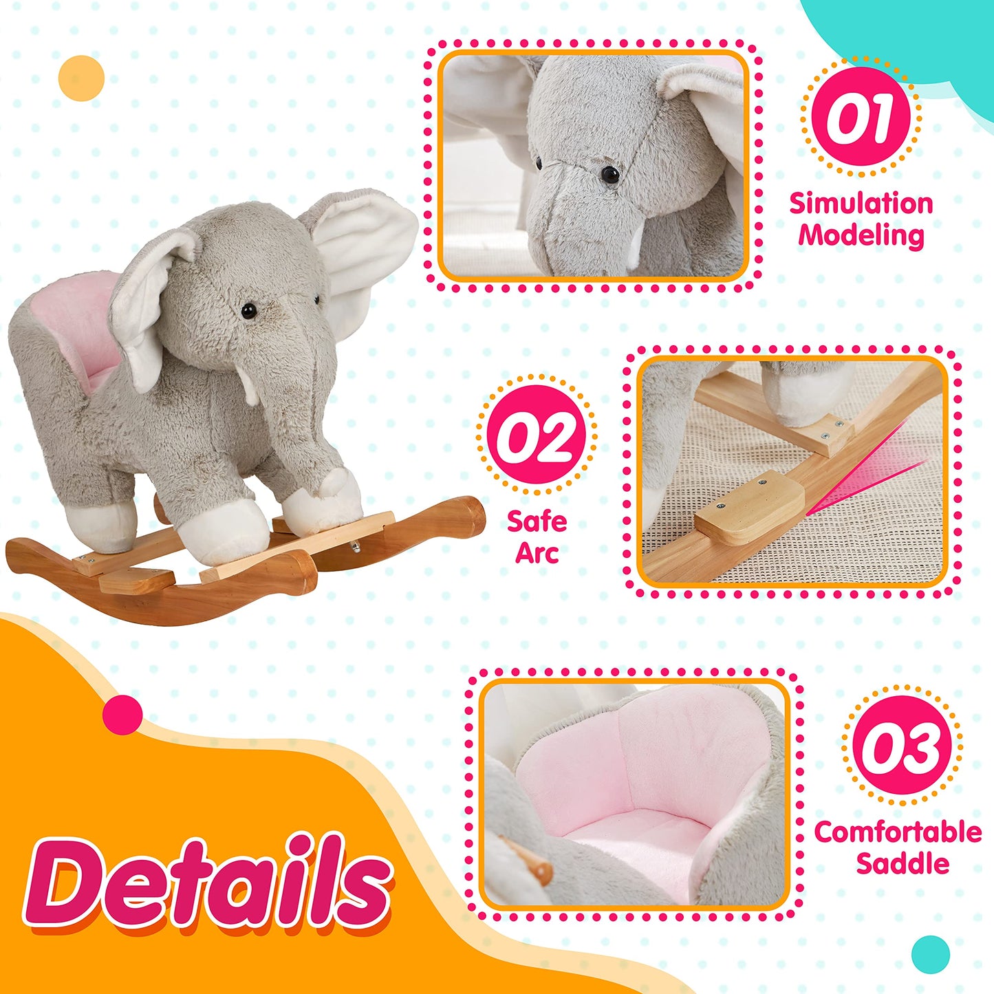 Specialyou Baby Rocking Horse Wooden Rockers With Seat Elephant Rocking Horse Ride Plush Stuffed Animals Toy -Set Of 2, Boy Girl Kids Ride On Toys For 10 Months To 3 Years Old, 25' Lx10 Wx16 H, Gray