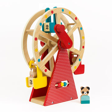 Petit Collage Ferris Wheel Carnival Wooden Toy, 2 Animal Characters Included - Pre-Assembled Wooden Ferris Wheel Toy with Sturdy
