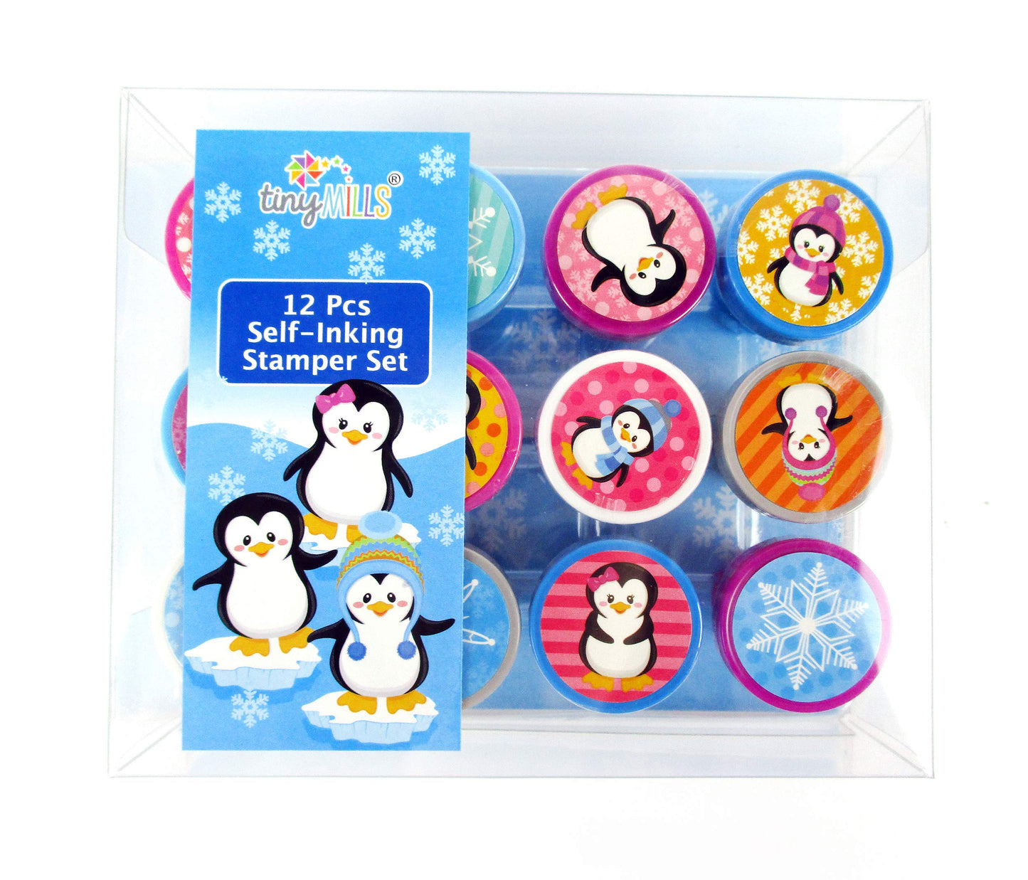 TINYMILLS 12 Pcs Penguin Stamp Kit for Kids Self Inking Stamps Gift Winter Party Favor Bag Stuffer Teacher Stamps