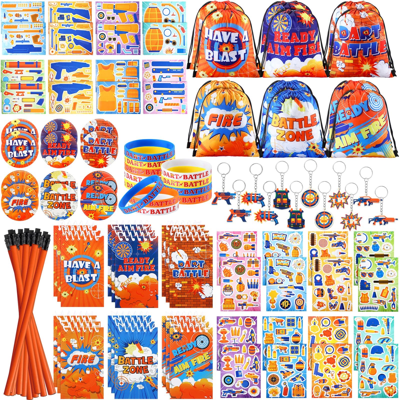 110 Pcs Dart Battle Party Favors Back to School Gifts Includes Dart Party Favor Bags Silicone Wristbands Badges Notebook Keychai
