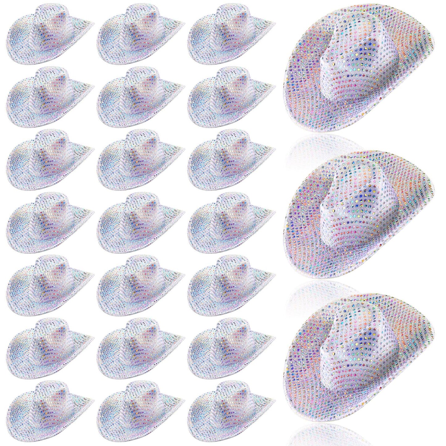 Sotiff 24 Pcs Mini Disco Cowboy Hat Western Cowboy Cowgirl Light Up Cute Doll Hat Neon Party Decor Doll Dollhouse Decor(Silver)