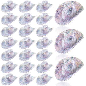 Sotiff 24 Pcs Mini Disco Cowboy Hat Western Cowboy Cowgirl Light Up Cute Doll Hat Neon Party Decor Doll Dollhouse Decor(Silver)