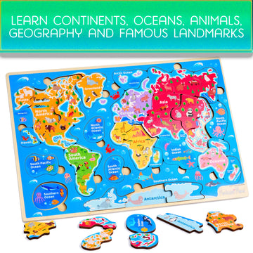 Montessori Mama Wooden USA Map Puzzle & World Continents Puzzle - Educational Fun for Kids, Interactive Learning Toy