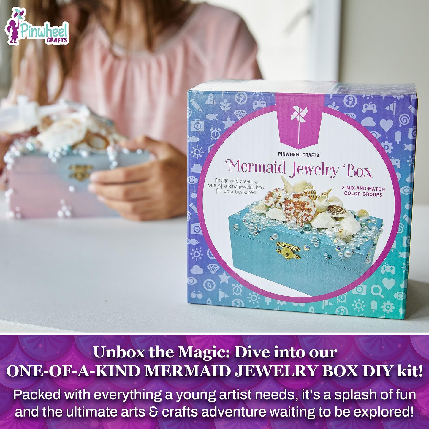Pinwheel Crafts Mermaid DIY Jewelry Box Kit - 530Pc Craft Set for Girls 6+, 6x4x3 inches, Sparkly Paint, Model PW0012