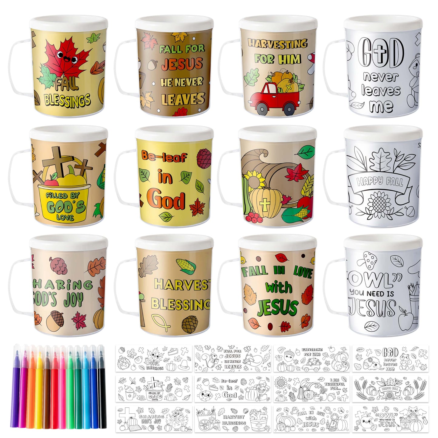 Fall Color Your Own Mugs for Kids - 12Pcs Thanksgiving Bulk 8oz Personalized Coffee Mugs with 36Pcs Insert Paper Religious DIY P