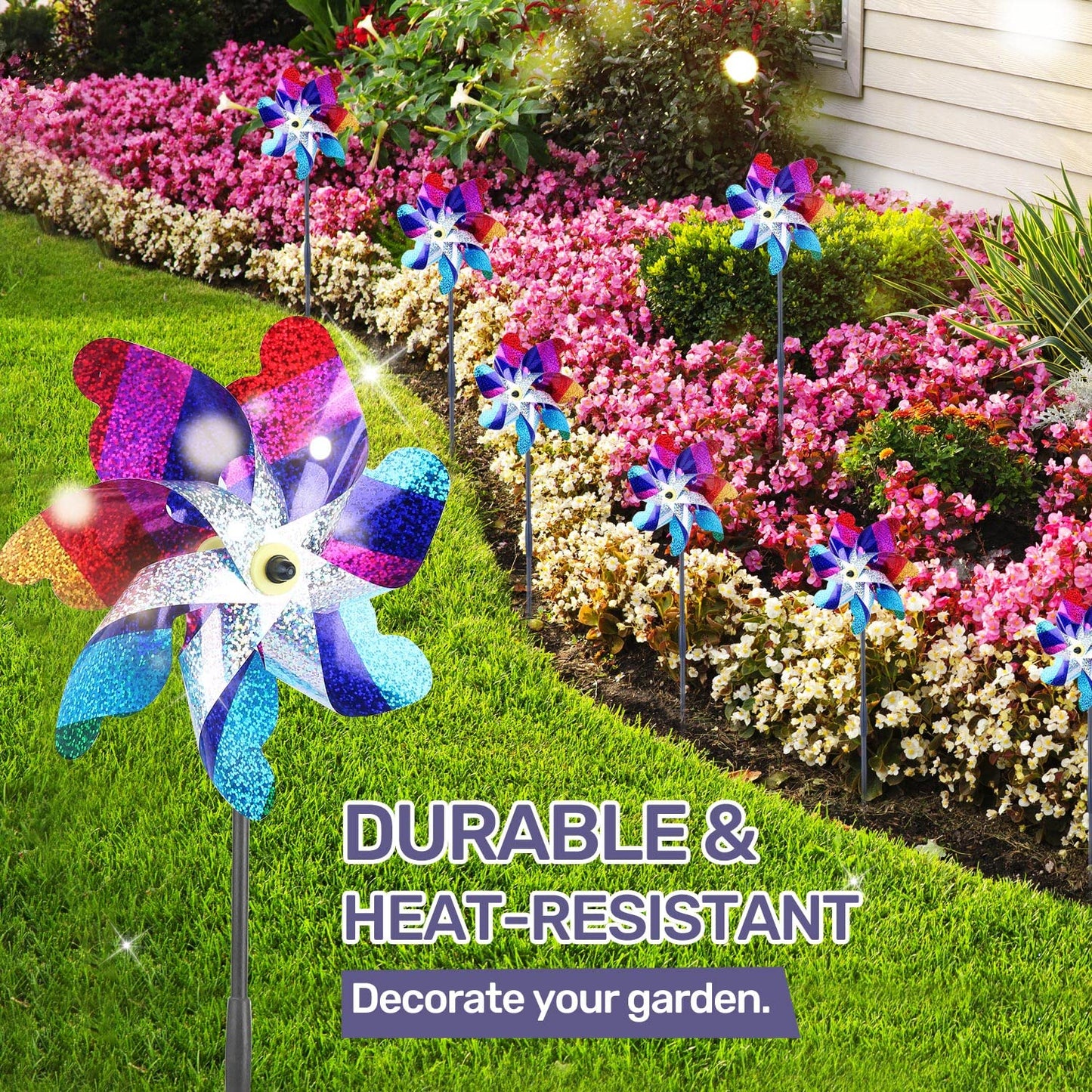 Battife 10 Pack Sparkly Rainbow Pinwheels, Reflective Wind Spinner For Yard And Garden With Stakes, Decor Windmill To Scare Bird