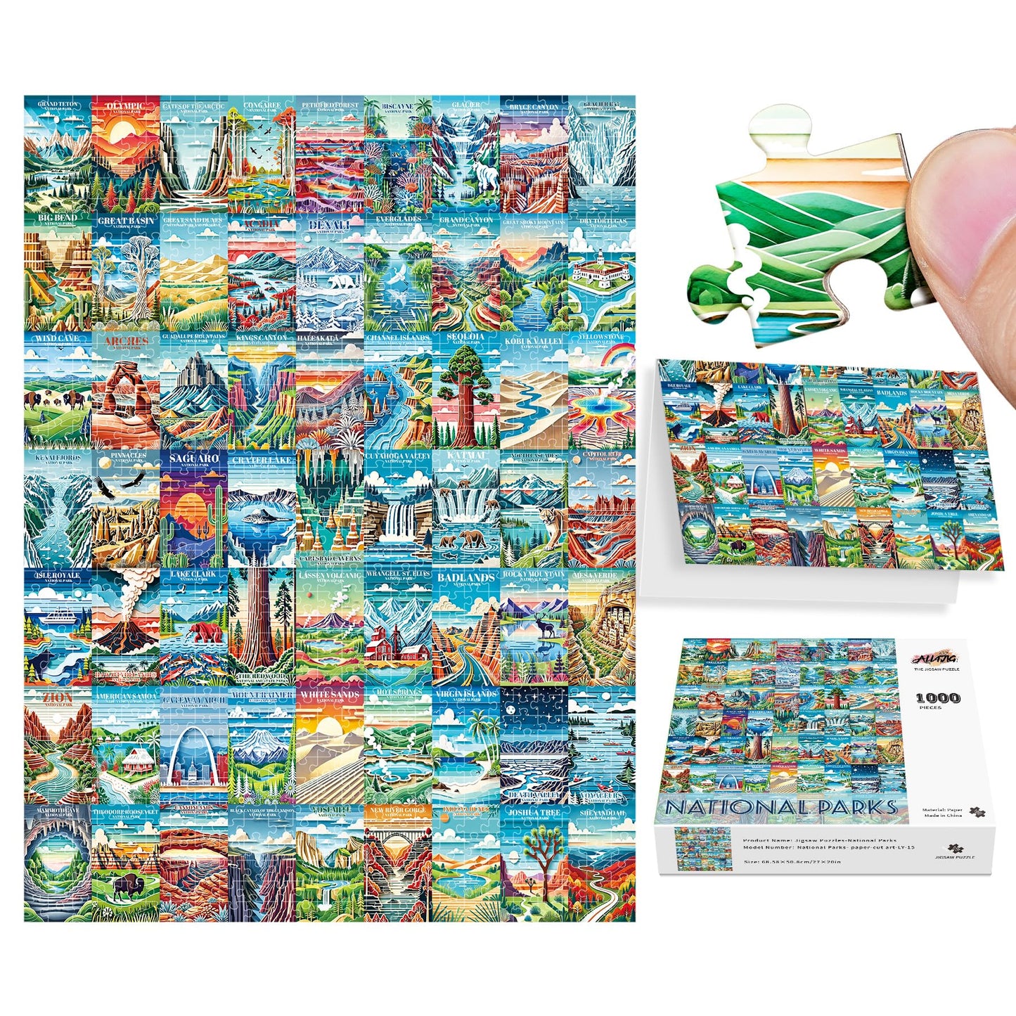 ALL4JIG National Park Paper Cuttings Style Fun Jigsaw Puzzles for Adults and Kids, 1000 Pieces, Christmas Secret Santa Gift, Whi