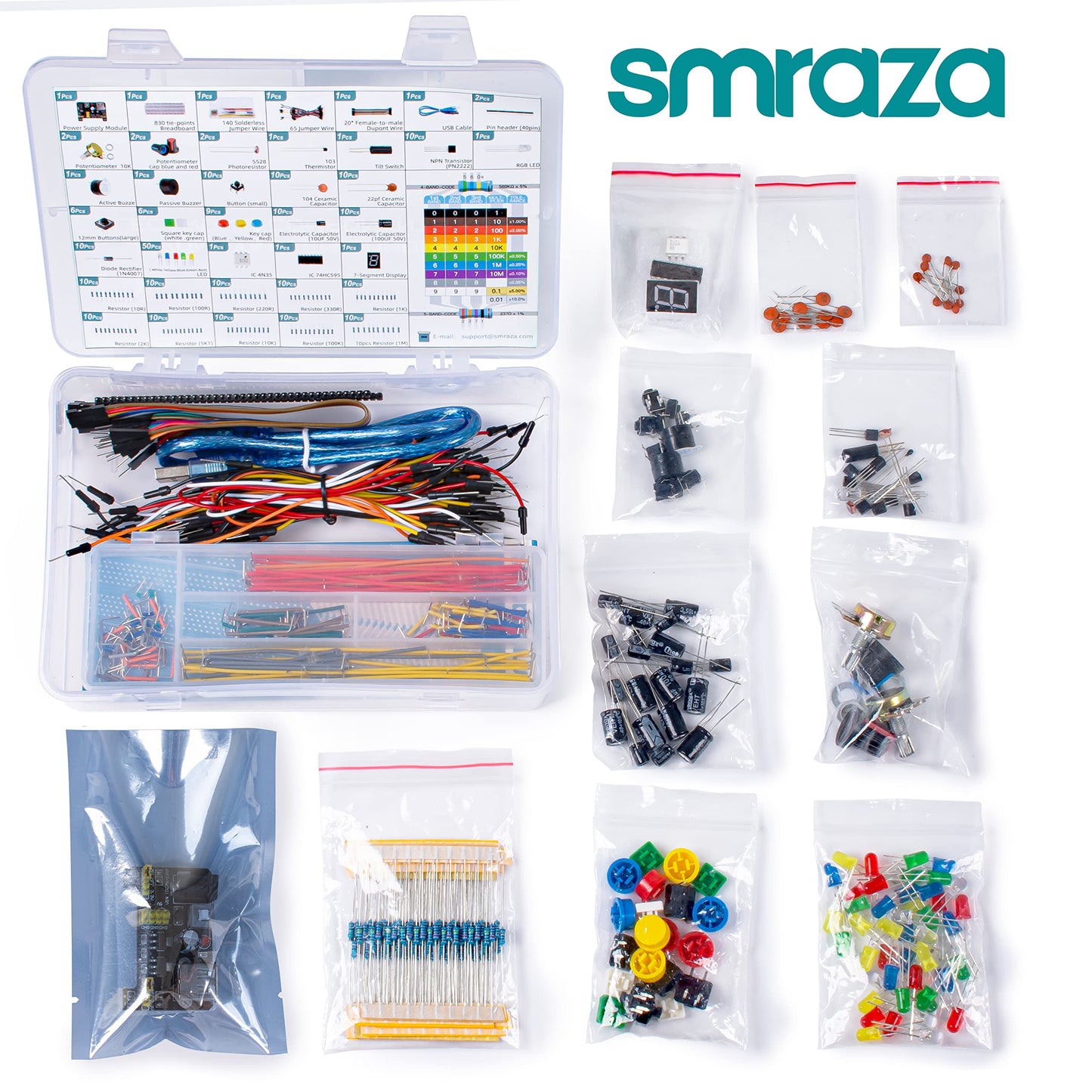 Smraza Electronics Component Fun Kit for Arduino & Raspberry Pi - Power Supply, Jumper Wires, 830 Tie-Points Breadboard, Precision Potentiometer
