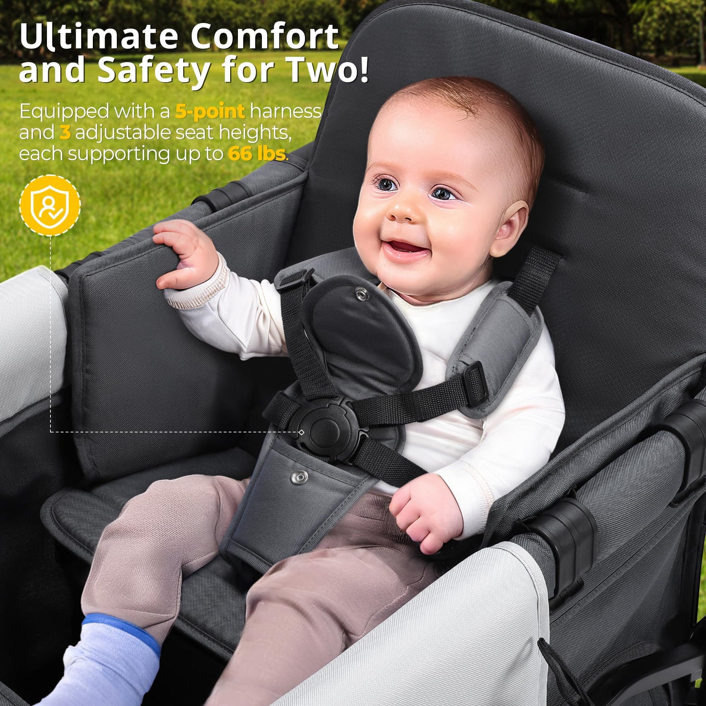Momfann Double-Seater Baby Wagon With Canopy, Push Pull Stroller With Adjustable Handle, Wagon Stroller For 2 Kids & Outdoor Adv
