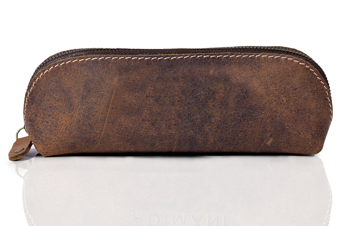 ALBORZ Genuine Brown Real Leather Zippered Pencil Case Pouch for Men, Students & Professionals, for Stationery, Art, Travel