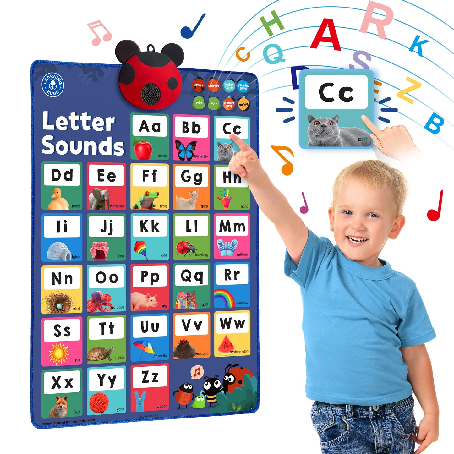 LEARNING BUGS Interactive Phonics Poster for Preschool & Kindergarten, Ages 3+, Model LBP2201, Multi-Color (Red, Green, Blue, Yellow)