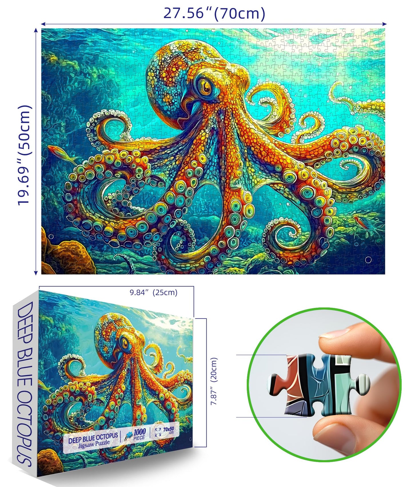 MINIWAN 1000 Piece Jigsaw Puzzle - Deep Blue Octopus, Large Cardboard, Challenging Brain Teaser for Adults & Enthusiasts, Model BFJIUJIU-00051