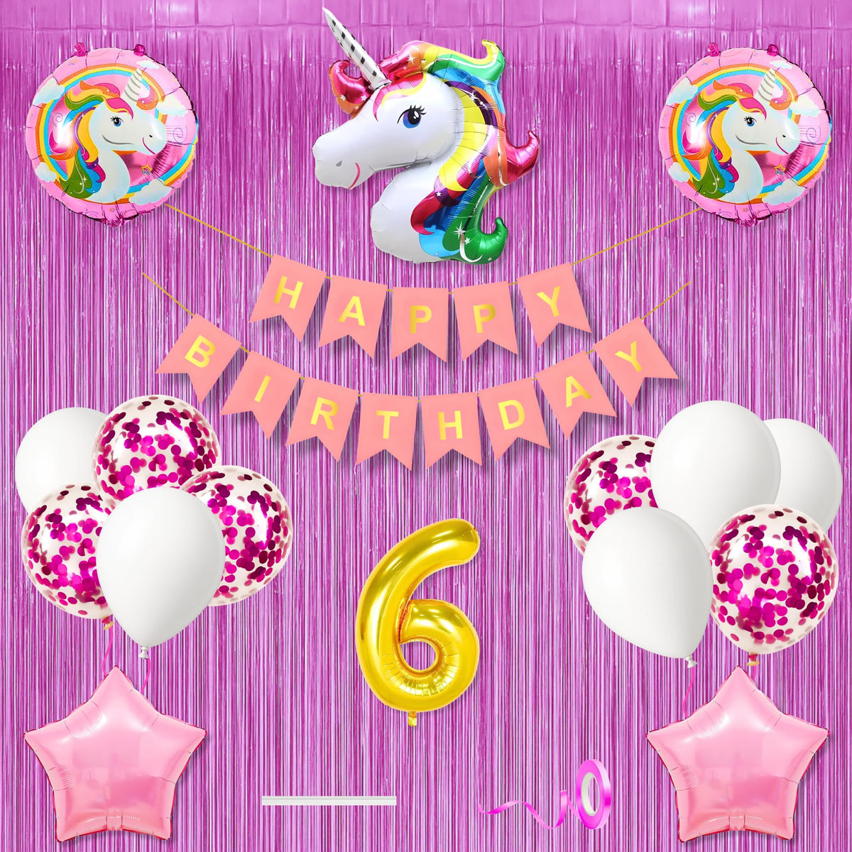 6Th Unicorn Theme Happy Birthday Banner Decoration Kit Combo Light Pink For 6 Year Old Baby Boys Girls Kids 5 Pc Unicorn Theme 1
